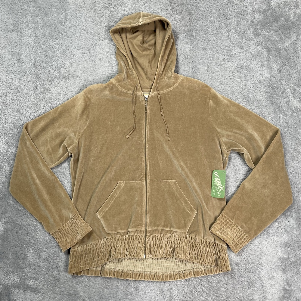 Aventura Hoodie Womens XL Beige Velour Full Zip Organic Cotton Stretch Pockets